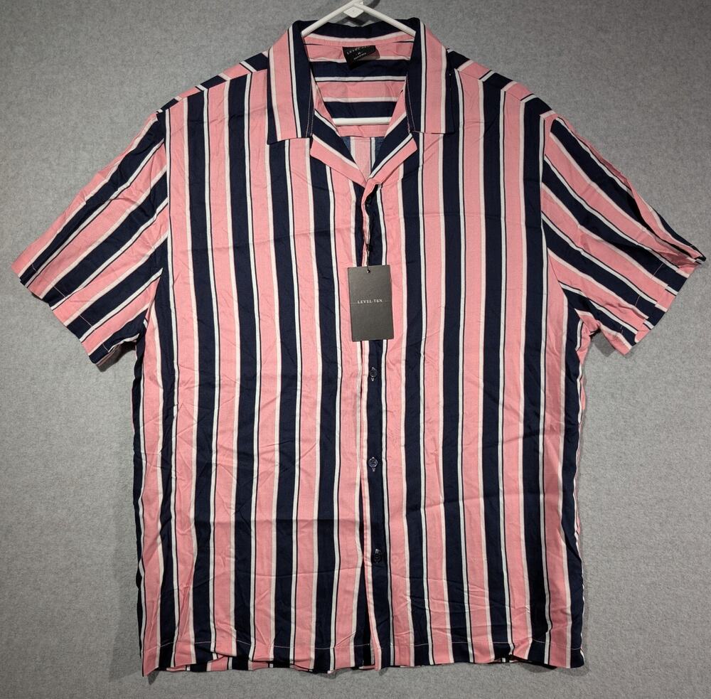 NWT Level Ten Men's Woven Shirt Medium Pink Striped Viscose Button Up LTSR-1750